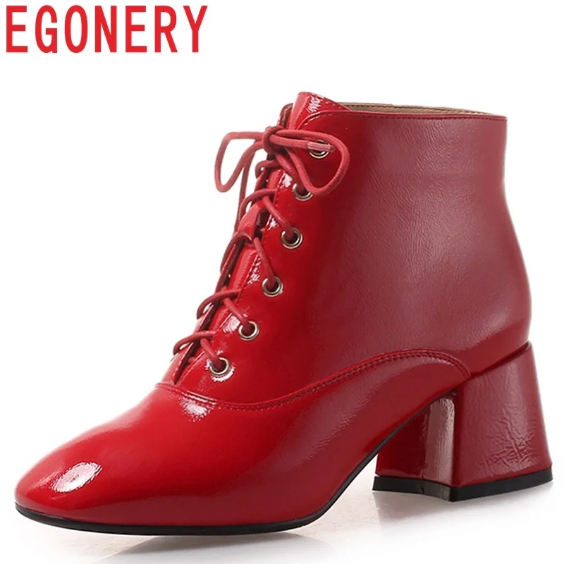 EGONERY 2019 winter new fashion three colors square toe patent leather women shoes med hoof heels lace-up ankle boots size 33-43
EGONERY 2019 winter new fashion three colors square toe patent leather women shoes med hoof heels lace-up ankle boots size 33-43