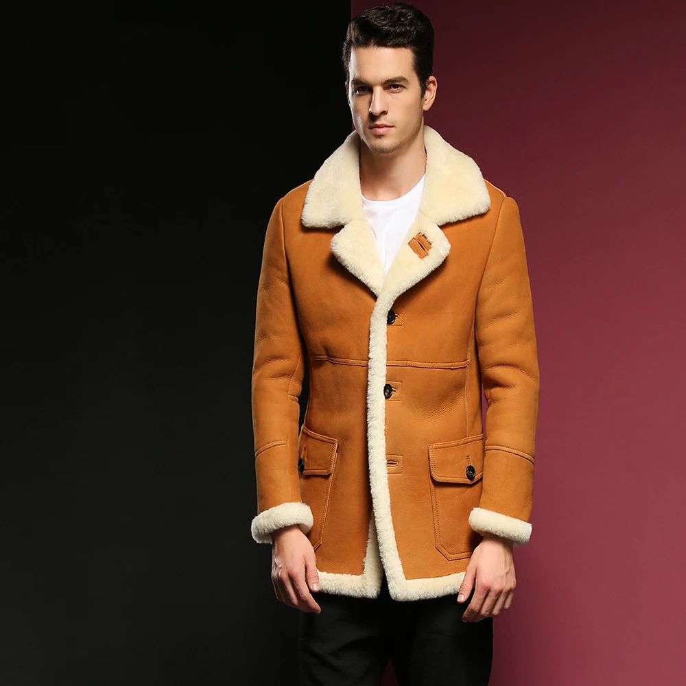Фото Мужская куртка из овчины B3 длинная Стильная мужская шуба зимняя коричневая