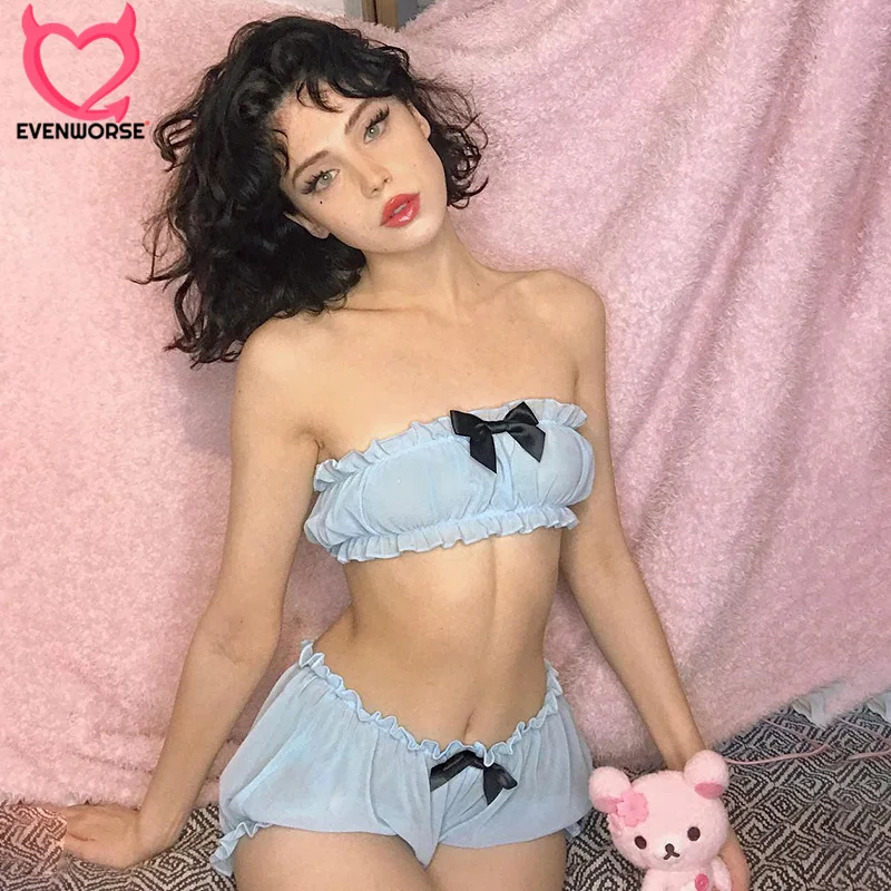 

Evenworse 2019 summer women tube top shorts two piece set outfits bow cute sexy azure elastic strapless lady crop tops solid