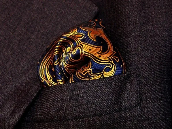 

New Fashion Paisley Navy Blue Yellow Silk Stripes Pocket Square Hanky For Men Jacquard Woven Classic Wedding Party Handkerchief