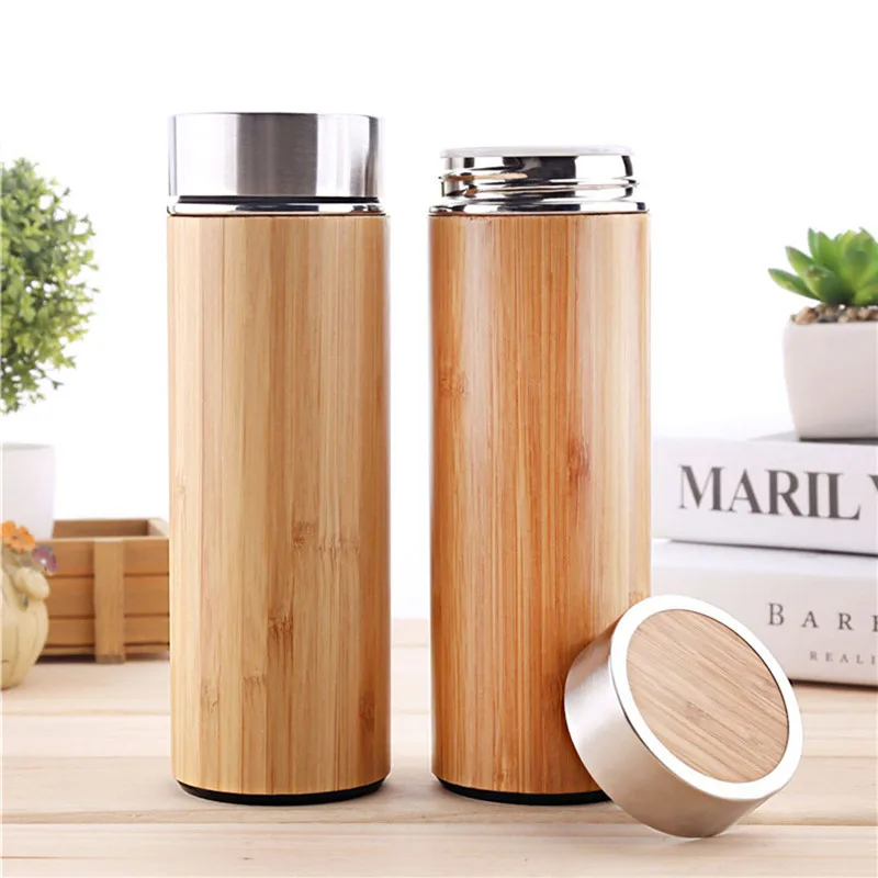 

Dropship 450ml Bamboo Thermos Bottle Stainless Steel Tumbler Vacuum Flasks water bottle Coffee Mug For Travel Tea insulated cup