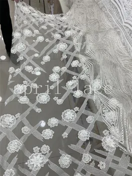 

2019 hot sale stock 5yards jj003 ivory offwhite beads sequin luxury embroidery net mesh lace fabric for bridal wedding dress