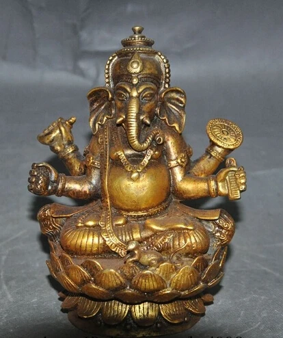 

bi003862 6"Old Tibet Buddhism Joss bronze gilt 4 Arms Elephant Jambhala God Buddha Statue