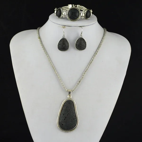 

S129 Black Lava Rock Volcano Stone Necklace Pendant & Earring & Bracelet Jewlery Set ,Women Gift,Vintage Look,Tibet Alloy