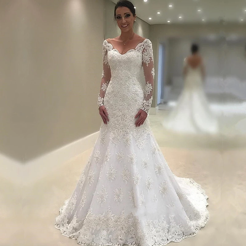 Elegant Long Sleeve Wedding Gowns 2018 Mermaid Lace Bridal Gowns Custom Made Sexy V-Neck Floor Length Formal Party Dresses
Elegant Long Sleeve Wedding Gowns 2018 Mermaid Lace Bridal Gowns Custom Made Sexy V-Neck Floor Length Formal Party Dresses