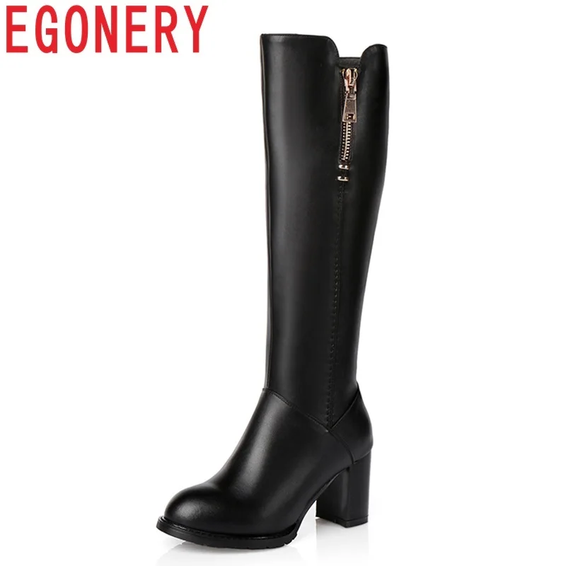 

EGONERY zapatos mujer newest hot sale high quality zipper round toe high hoof heels platform genuine leather knee high boots