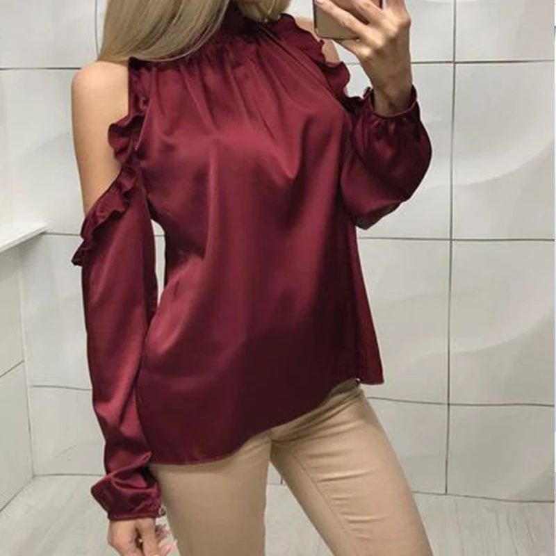 Sexy Strapless Shoulder Ruffle Chiffon Blouse Ladies Long Sleeve Stand Collar Elegant Tops New Fashion Women Office Lady Blouse
Sexy Strapless Shoulder Ruffle Chiffon Blouse Ladies Long Sleeve Stand Collar Elegant Tops New Fashion Women Office Lady Blouse