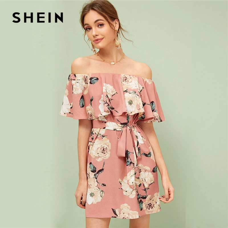 

SHEIN Floral Print Ruffle Trim Belted Bardot Dress 2019 Summer Off Shoulder Women Straight Dress Pink Sleeveless Dress