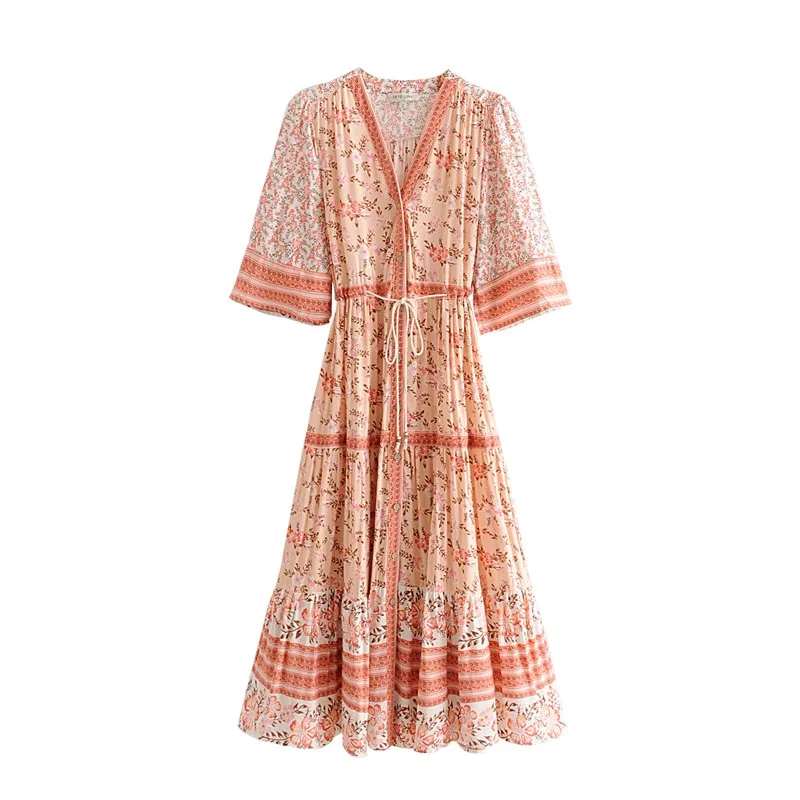 QZ602 Women Chic V Neck Pink Color Floral Print Bohamia Dress Summer Vacation Long Dresses
QZ602 Women Chic V Neck Pink Color Floral Print Bohamia Dress Summer Vacation Long Dresses