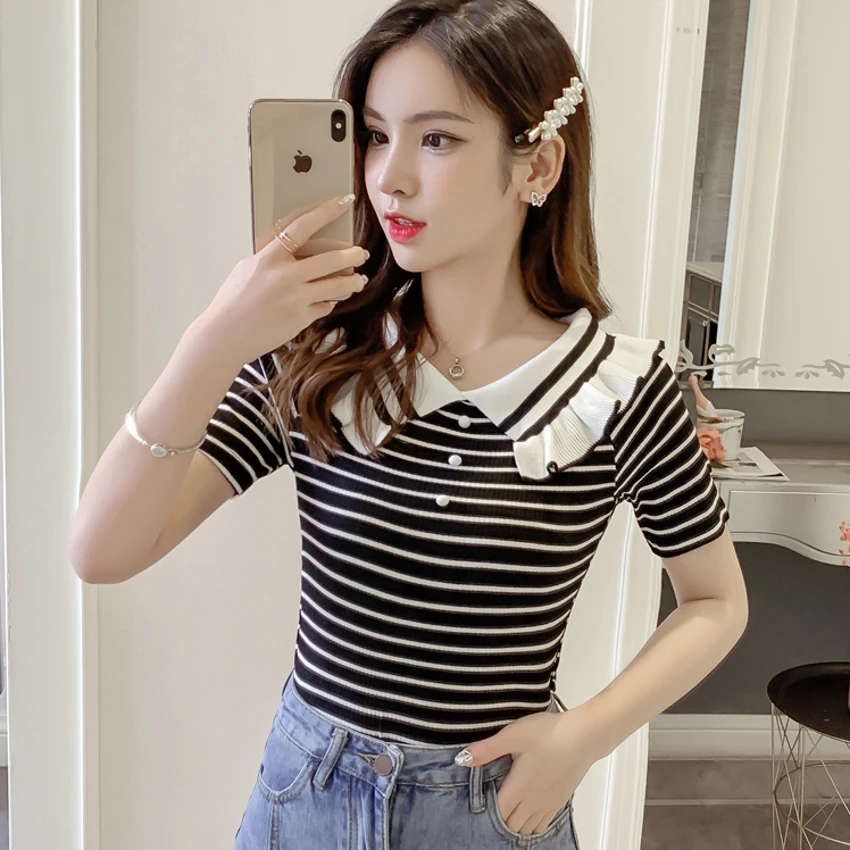 Korean Ruffles Square Collar Tshirt Women 2019 Summer Short Sleeve Striped Pullover T-shirt Camiseta Mujer Black White T96201
Korean Ruffles Square Collar Tshirt Women 2019 Summer Short Sleeve Striped Pullover T-shirt Camiseta Mujer Black White T96201