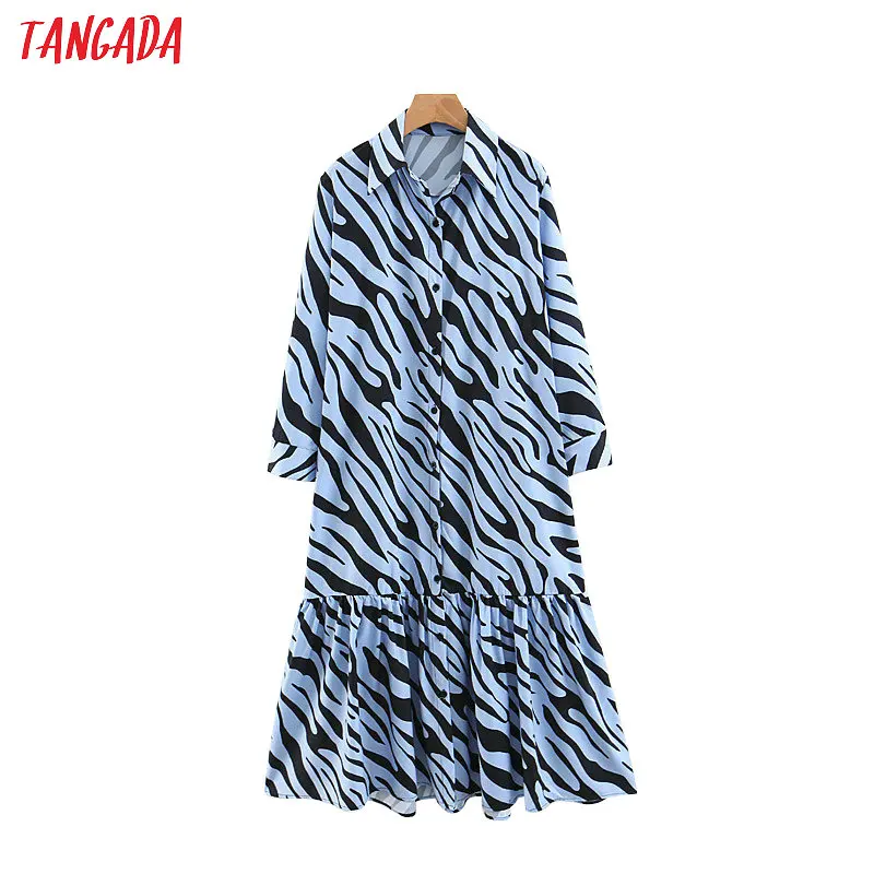 

Tangada korean style long animal blouse dress long sleeve turn down collar pleated dresses for women ladies vestidos 3Z71