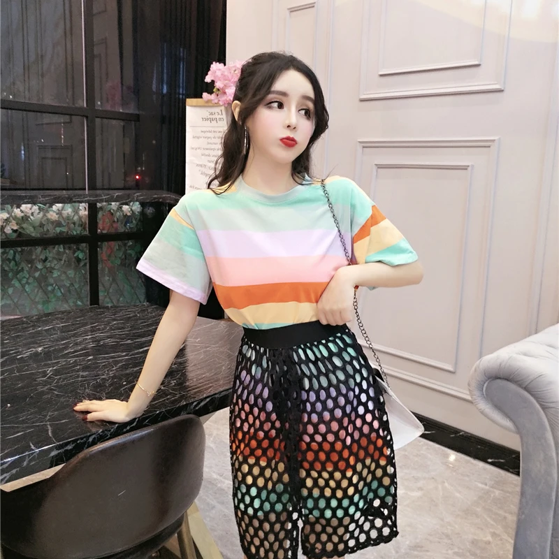 Lychee Girls Harajuku Rainbow Stripe Female Dress Hollow Out Two Pieces Set Crew Neck Short Sleeve Above Knee Women Dress
Lychee Girls Harajuku Rainbow Stripe Female Dress Hollow Out Two Pieces Set Crew Neck Short Sleeve Above Knee Women Dress