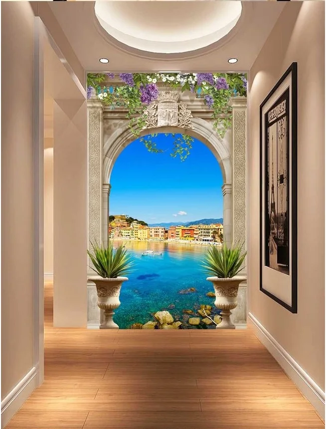 Image Custom photo 3d wallpaper Non woven mural picture wall sticker Roman arch entrance Seaview 3D