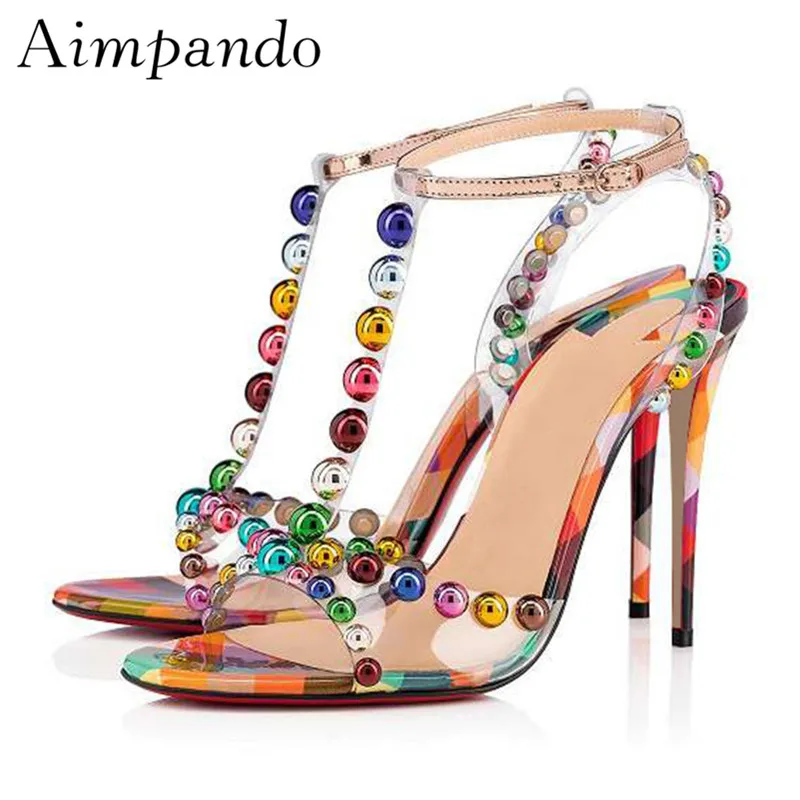 Iridescent Rivet Ball Transparent PVC Sandals Women Thin Heel T-strap New Sweet Summer Shoes Colorful Rivet Sandalias
Iridescent Rivet Ball Transparent PVC Sandals Women Thin Heel T-strap New Sweet Summer Shoes Colorful Rivet Sandalias