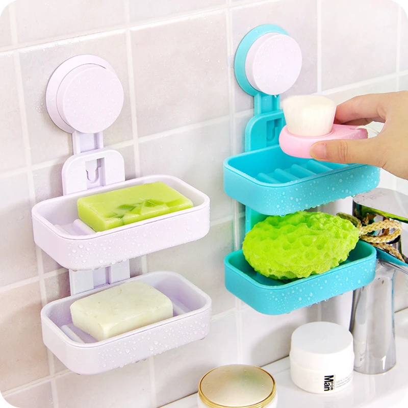 

1 PC Double Layer Plastic Soap Dishes Strong Suction Cup Bathroom Wall Vacuum Holder Drain Tray Soap Box Kitchen Tools