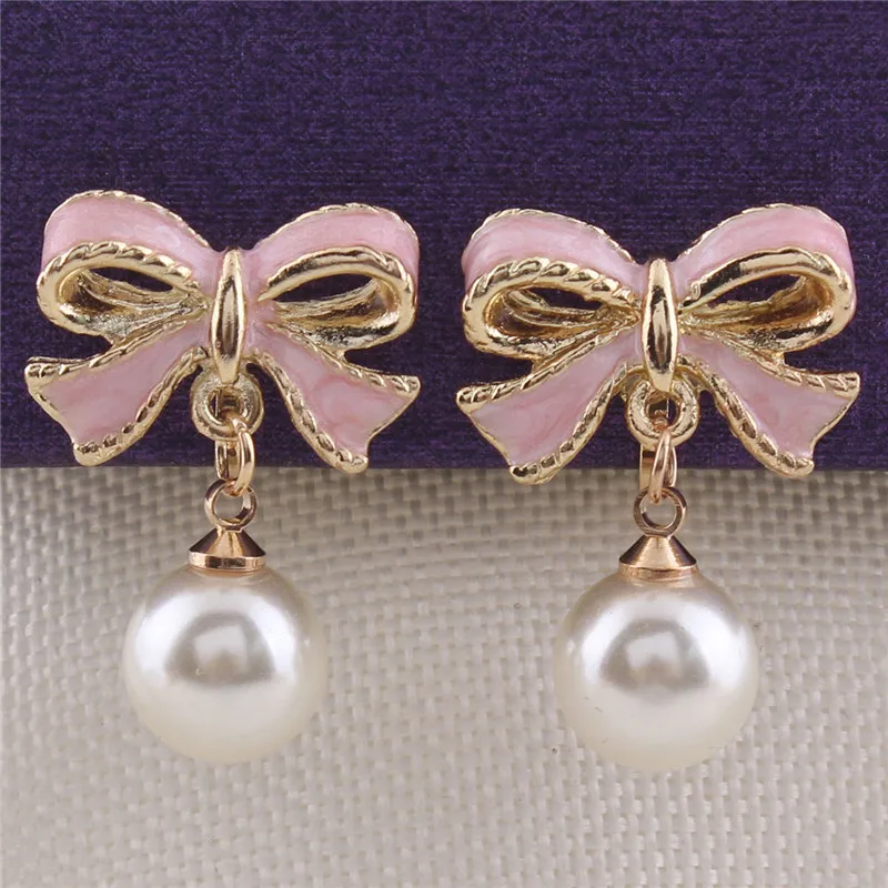 

Grace Jun(TM) 2017 New Design Enamel Bowknot Shape Clip on Earrings Without Piercing for Girls Simulated Pearl No Hole Ear Clip