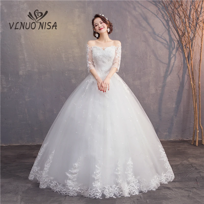 VLNUO NISA Simple White Lace Wedding Dress Elegant Boat Neck Backless Half Sleeve Custom Made Bridal Gown Vestido De Noiva 30 | Свадьбы и