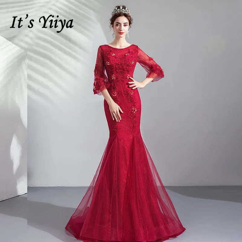 It's YiiYa Evening Dress Beading Crystal Wine Red Long Formal Trumpet Dresses O-neck Lace Lantern Sleeve Party Gown E145
It's YiiYa Evening Dress Beading Crystal Wine Red Long Formal Trumpet Dresses O-neck Lace Lantern Sleeve Party Gown E145