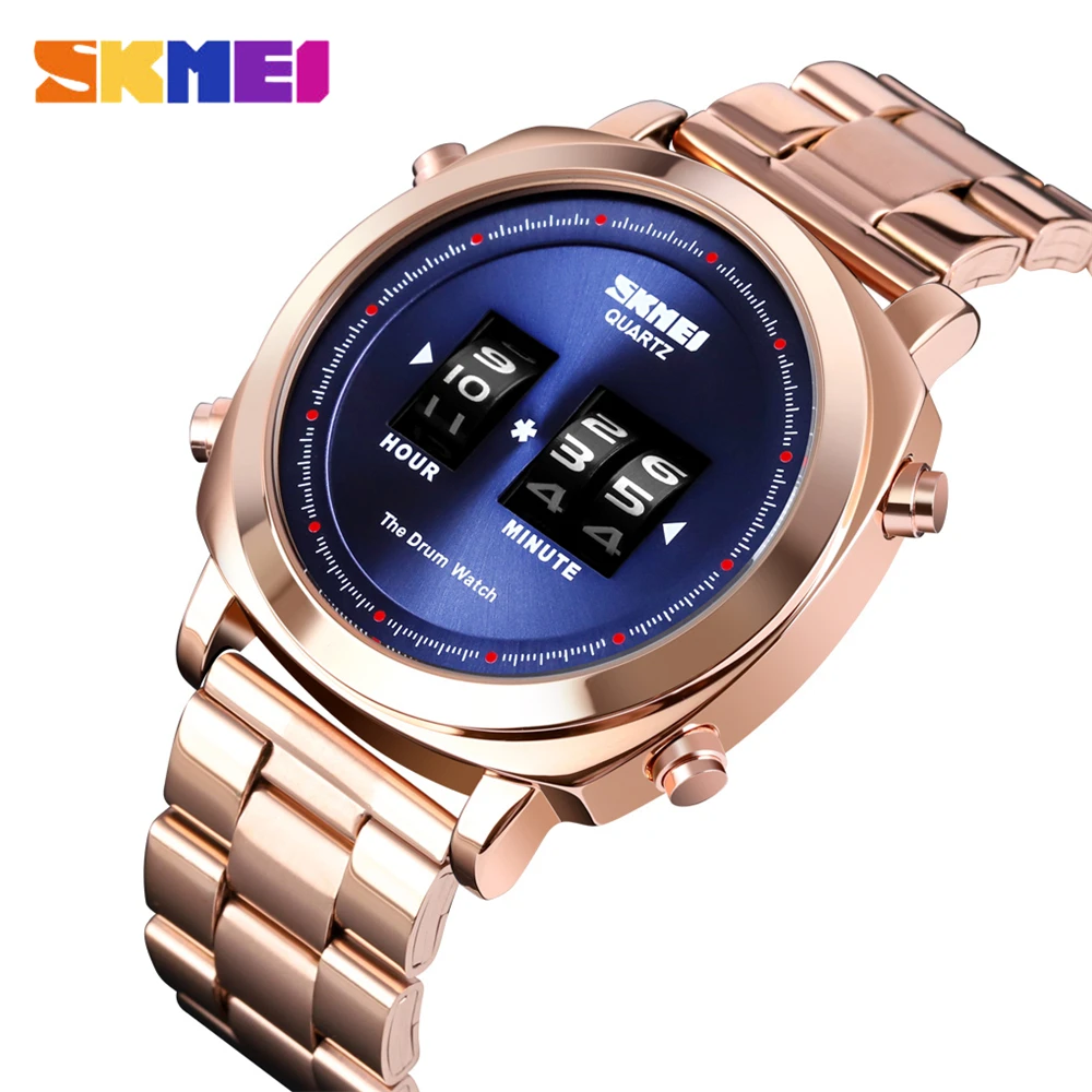 

SKMEI 1531 Fashion Men Quartz Watch Stainless Steel Waterproof Male Wristwatch Creative Drum Watch Top Brand Relogio Masculino