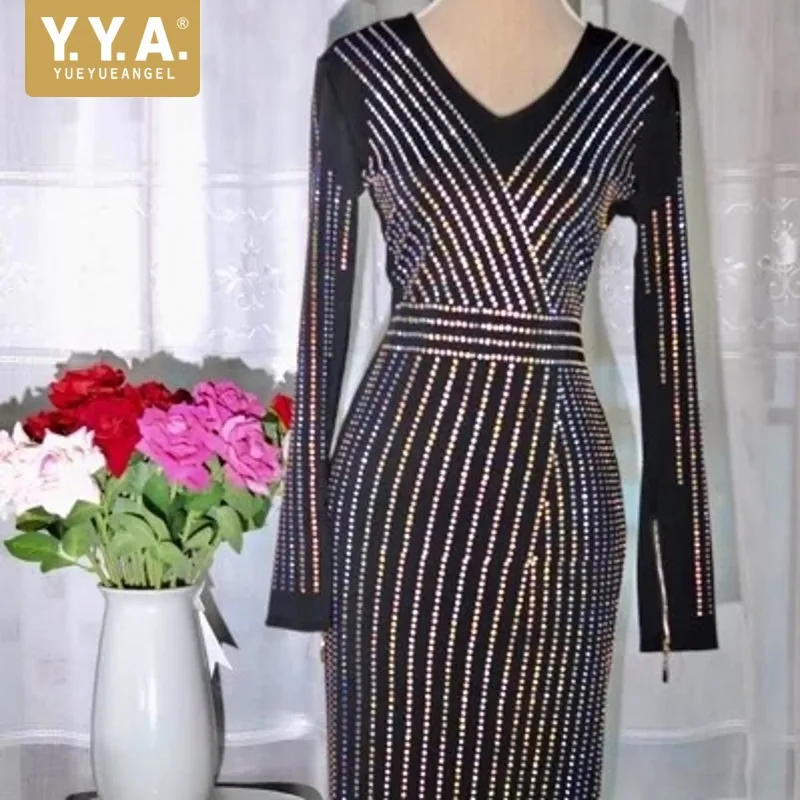 Luxury Heavy Work Striped Diamonds Shining Evening Party Dresses Long Sleeve V-Neck Elastic Force Mid-Calf Female Long Dresses
Luxury Heavy Work Striped Diamonds Shining Evening Party Dresses Long Sleeve V-Neck Elastic Force Mid-Calf Female Long Dresses