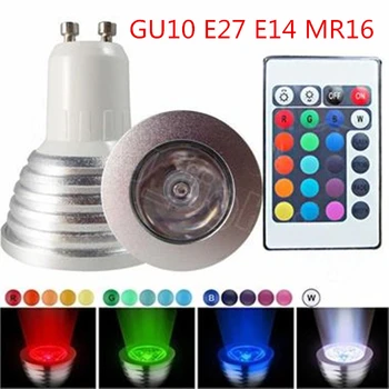 

Wholesale 3W RGB LED Spot Light GU10 GU5.3 E27 E14 MR16 RGB Spotlight Bulb 16 colors change IR Remote Control LED Bulb Lamp