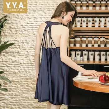 Summer Hot Sexy Sleeveless Spaghetti Strap Backless Women Nightdress Solid Fake Silk Loose Soft Satin Thin Sleepshirts Female
Summer Hot Sexy Sleeveless Spaghetti Strap Backless Women Nightdress Solid Fake Silk Loose Soft Satin Thin Sleepshirts Female
