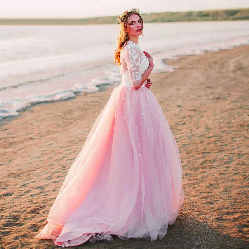 Eightree New Design Beach Wedding Dress Pink Sweetheart Illusion Back Bridal Dress Boho Appliques Lace Long Sleeves Dresses 2019
Eightree New Design Beach Wedding Dress Pink Sweetheart Illusion Back Bridal Dress Boho Appliques Lace Long Sleeves Dresses 2019