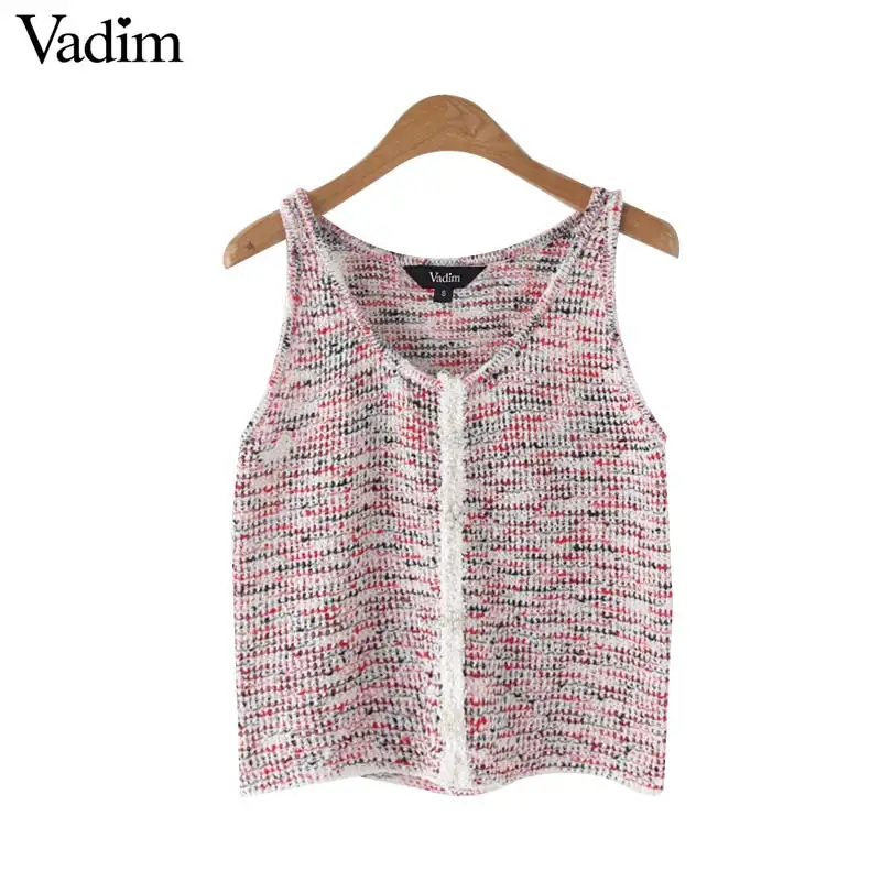 Vadim women stylish clolorful plaid V neck knitted crop top sleeveless stripe buttons decorate stretchy female chic tops WA282
Vadim women stylish clolorful plaid V neck knitted crop top sleeveless stripe buttons decorate stretchy female chic tops WA282