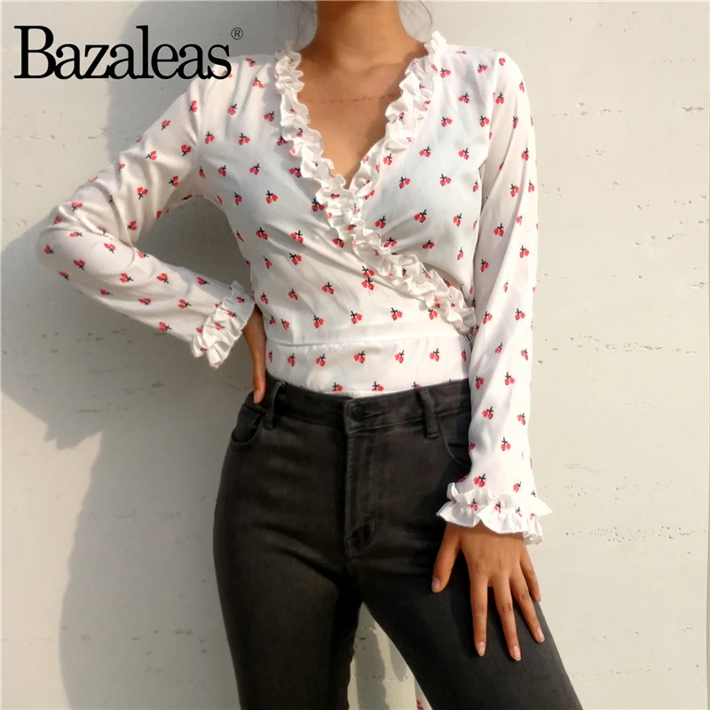 Bazaleas Fashion Offwhite cherry printed top Ruffled v neckline with a snap button blouse women blusa feminina blusas Casual
Bazaleas Fashion Offwhite cherry printed top Ruffled v neckline with a snap button blouse women blusa feminina blusas Casual