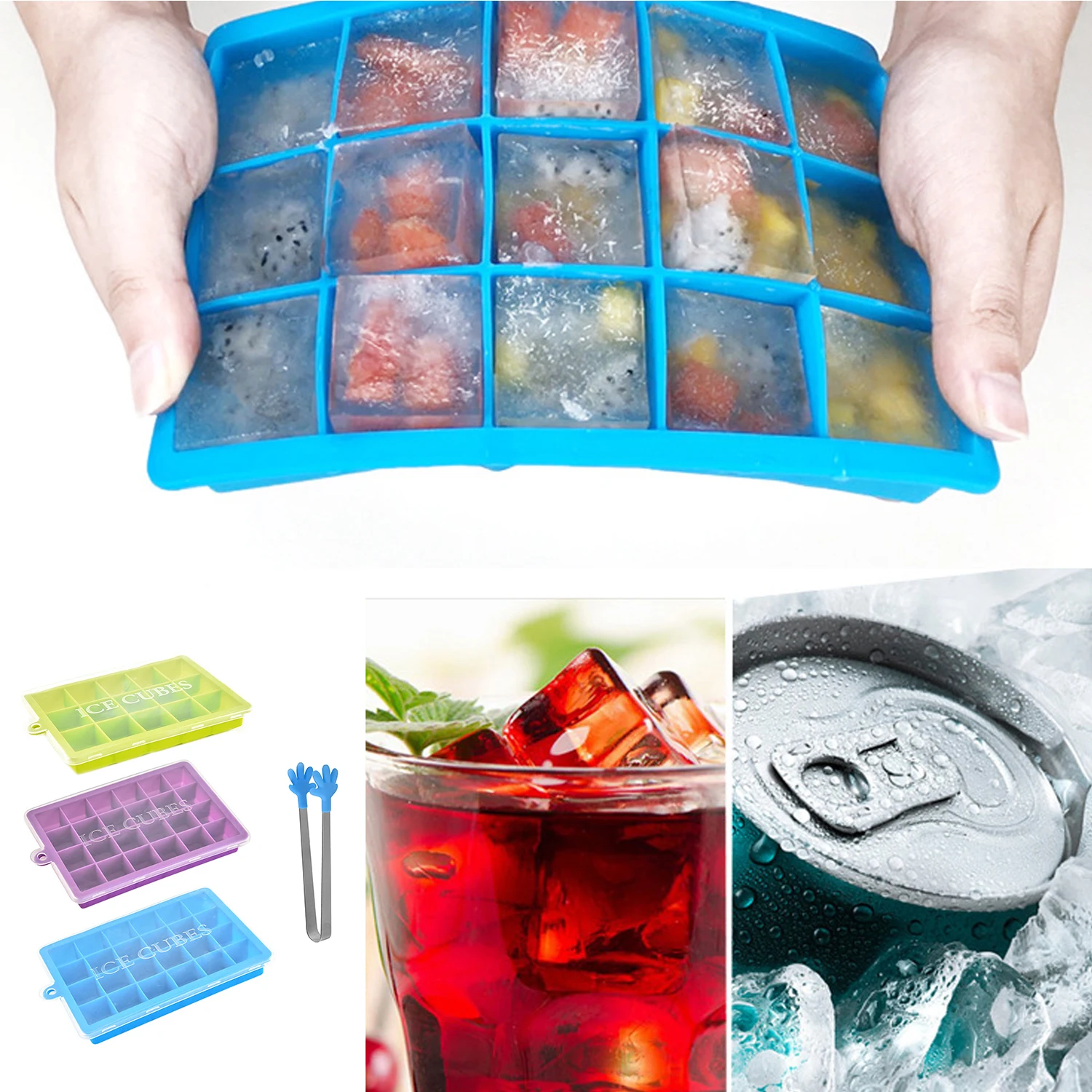 Behogar 15 Slot Silicone Ice Cube Maker Mold Moulds Tray with Removable Lid Tong for Whisky Cocktail Iced Coffee Cold Drinks | Дом и сад
