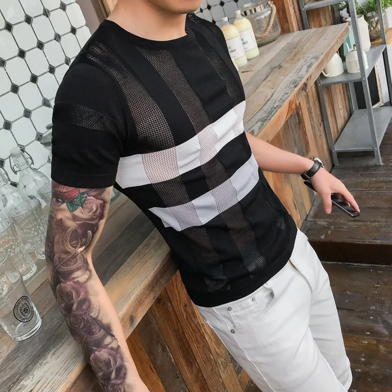 New T Shirt men Nightclub Party Plaid Hollow Short Sleeve Knitting T-shirt Streetwear slim fit Casual Tshirt Camiseta Masculina
New T Shirt men Nightclub Party Plaid Hollow Short Sleeve Knitting T-shirt Streetwear slim fit Casual Tshirt Camiseta Masculina