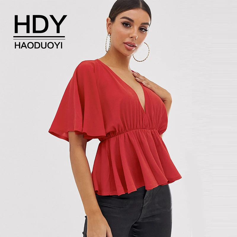 HDY Haoduoyi Ladies Sexy Deep V-neck Loose Fly Sleeve Short-sleeved High Waist Elastic Waist Lotus Leaf Top Solid Color Blouse
HDY Haoduoyi Ladies Sexy Deep V-neck Loose Fly Sleeve Short-sleeved High Waist Elastic Waist Lotus Leaf Top Solid Color Blouse