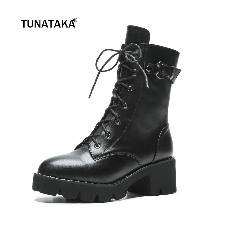 Ladies Buckle Genuine Leather Comfort Square Heel Martin Boots Fashion Lace Up Round Toe Women Fall Winter Shoes Black
Ladies Buckle Genuine Leather Comfort Square Heel Martin Boots Fashion Lace Up Round Toe Women Fall Winter Shoes Black