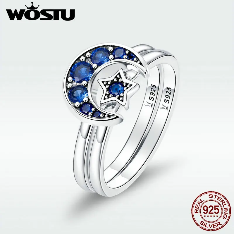 WOSTU настоящее 925 пробы серебряное Сверкающее кольцо с Луной и звездой обручальное