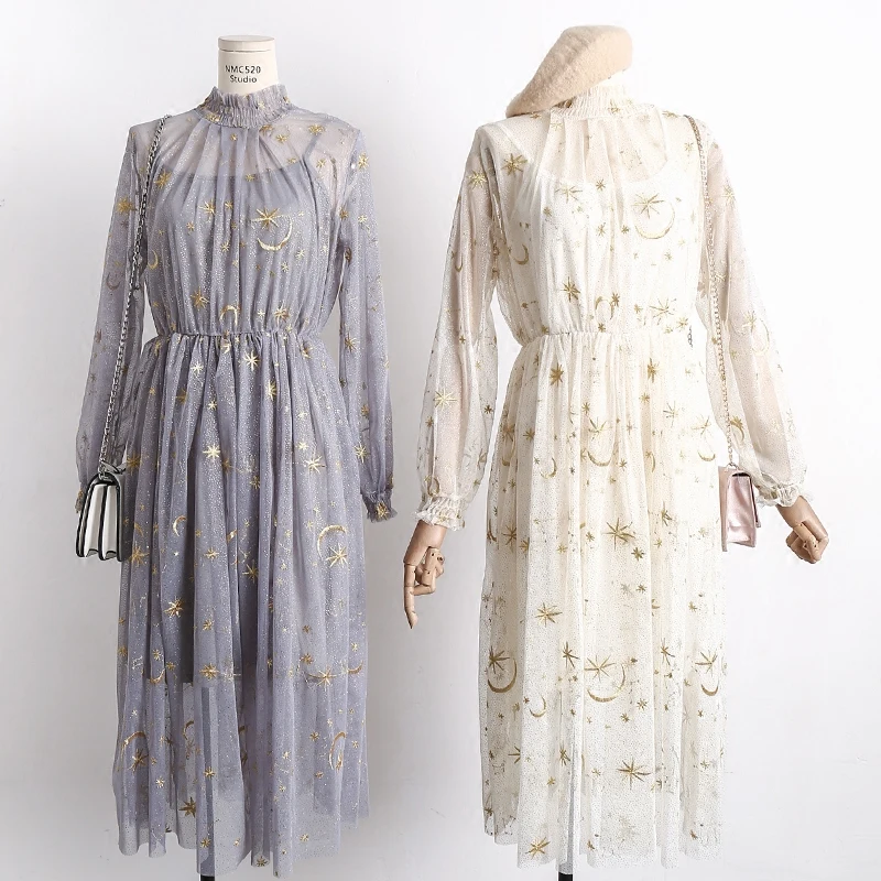 2019 Women Summer Lantern Sleeve Embroidery Star Moon Tulle Dress Casual Elastic Slim High Waist Pullover Mesh Gauze Voile Dress
2019 Women Summer Lantern Sleeve Embroidery Star Moon Tulle Dress Casual Elastic Slim High Waist Pullover Mesh Gauze Voile Dress