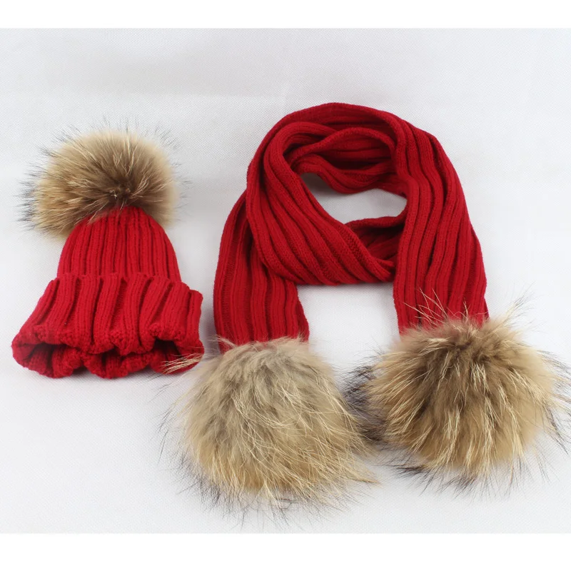 FURANDOWN kids Winter Scarf Hat Sets Children Warm Thick Stretchy Knit Beanie Pom Pom Hat Fur Caps 16