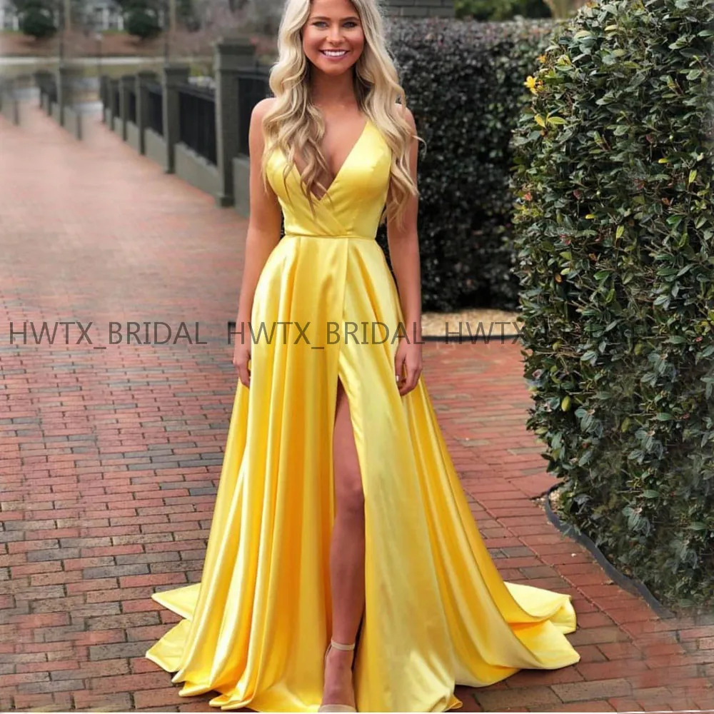 Thigh-High Slits Prom Dresses V Neck Sleeveless Yellow Elastic Satin Elegant A Line Cheap Prom Dress Formal Party Evening Gown
Thigh-High Slits Prom Dresses V Neck Sleeveless Yellow Elastic Satin Elegant A Line Cheap Prom Dress Formal Party Evening Gown