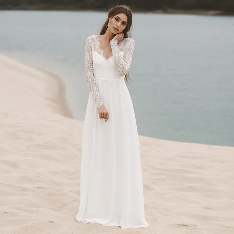 SINGLE ELEMENT Long Sleeve V Neack Beach Lace Top Chiffon Skirt Wedding Dresses Vintage Bride Dress
SINGLE ELEMENT Long Sleeve V Neack Beach Lace Top Chiffon Skirt Wedding Dresses Vintage Bride Dress