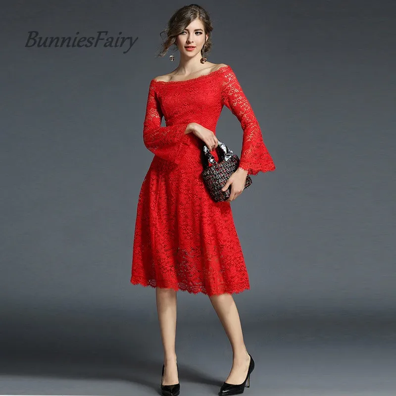 BunniesFairy 2017American and European Elegant Vintage Flare Sleeve A word Shoulder Hollow Out Lace Dress Vestidos de Festa
BunniesFairy 2017American and European Elegant Vintage Flare Sleeve A word Shoulder Hollow Out Lace Dress Vestidos de Festa