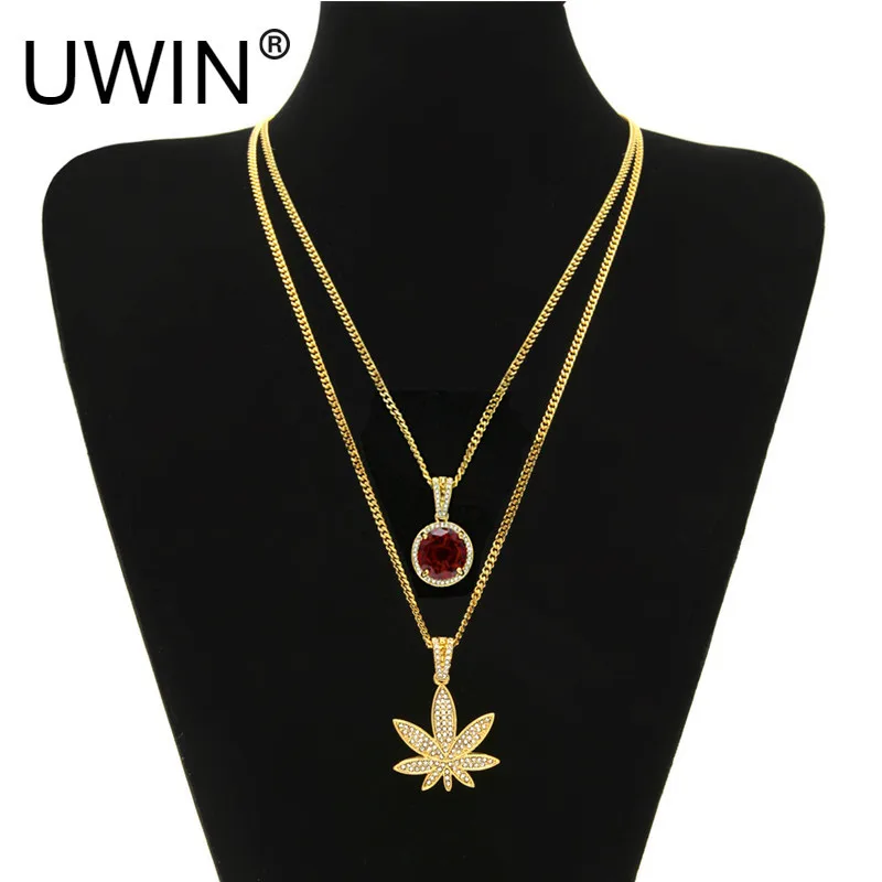 UWIN Men Hip hop Jewelry Set Gold Color Lced Out Rhinestone Mini Round Red Gem Crystal With Maple Leaf Pendant Necklace | Украшения и