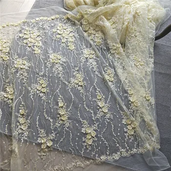 

Spuer Beautiful !!! European Luxury 3D Chiffon Flower Beaded Wedding Dress Lace Fabric Width 130cm 1yard