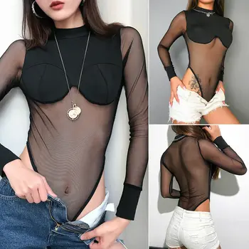 Hirigin Women Long Sleeve Sexy Full Mesh Patchwork Sheer Slim Bodysuit Tops See Through Padded T-shirt 
Hirigin Women Long Sleeve Sexy Full Mesh Patchwork Sheer Slim Bodysuit Tops See Through Padded T-shirt