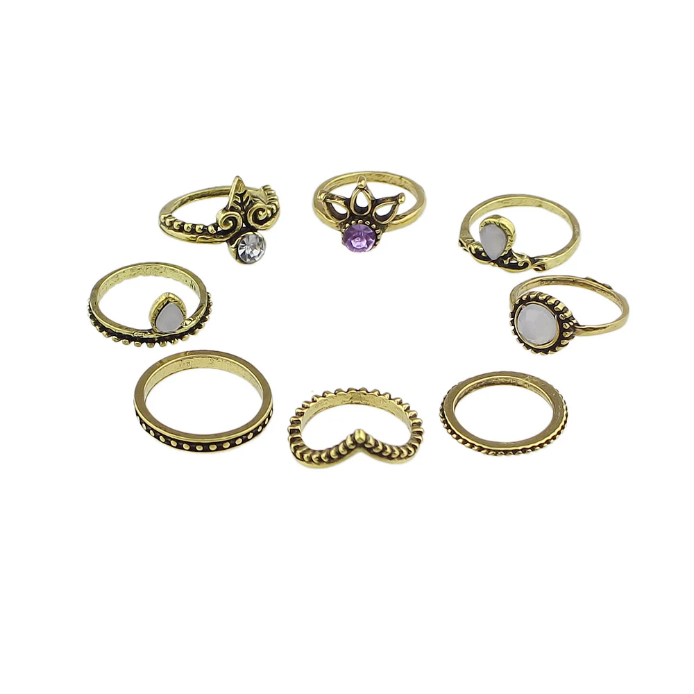 8pcs/set Boho Accessories Antique Gold-Color Silver Color Rings Crown Rhinestone White Opal Knuckle Ring Set Jewelry For Women | Украшения