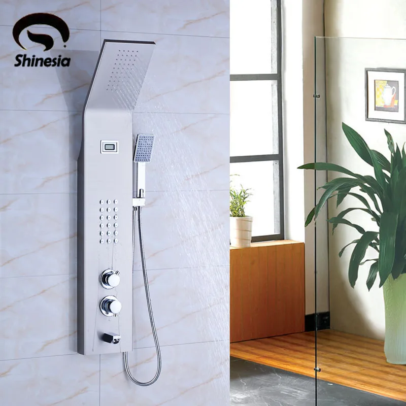 

Nickel Brushed Stainless Steel 4 Ways Out Water Thermostatic Shower Column Panel Jets Tub with Hand Sprayer