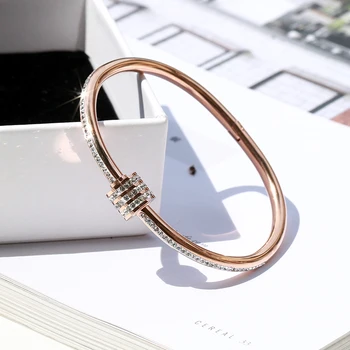 

YUN RUO 2018 New Arrivals Punk Luxury Full Crystal Bangle Rose Gold Color Women Birthday Gift Titanium Steel Jewelry Never Fade