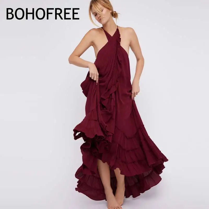 BOHOFREE Танцор платье Boho люди Обёрточная бумага Vestidos праздник Пляжное длинное без