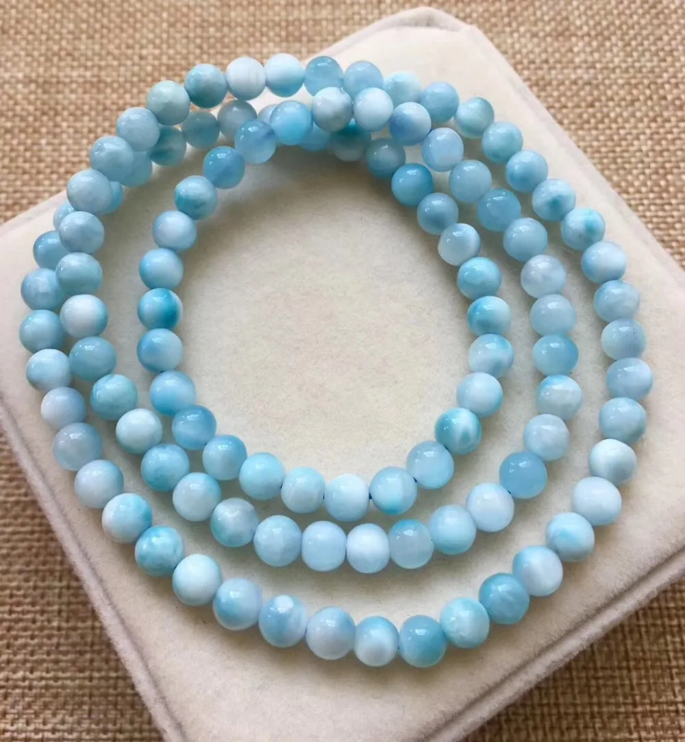 

5.8mm Natural Larimar Bracelet For Women Men Anniversary Love Party Gift Water Pattern Blue Beads Gemstone 3 Laps Bracelet AAAAA