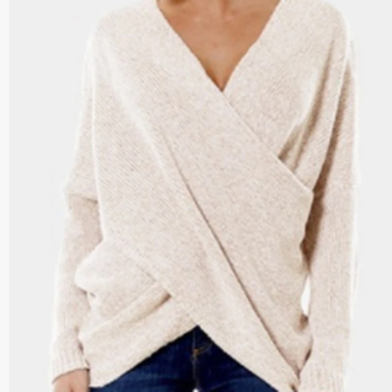 Autumn And Winter Women Long Sleeve V Neck Loose Casual Pullover Knitting Sweaters Cross Wrap Sweater Female Drop-Shoulder | Женская
