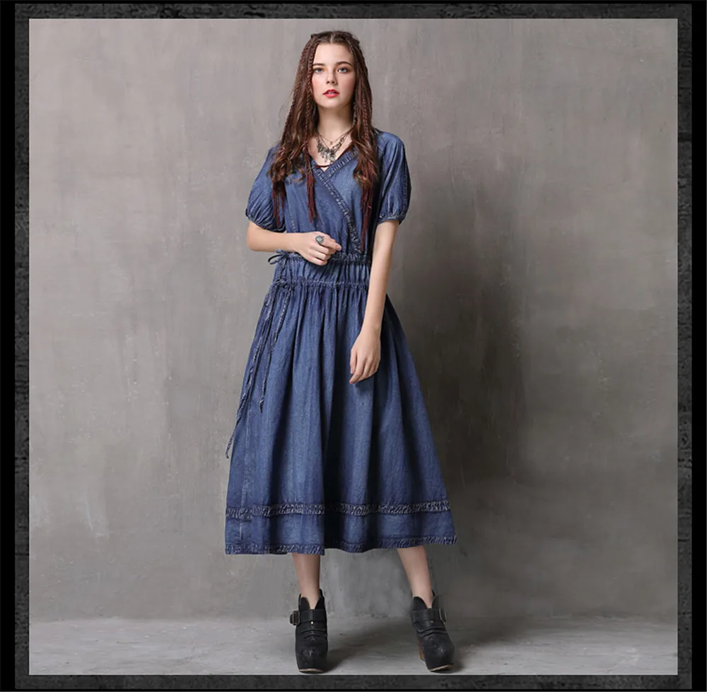 Vintage Adjustable Waist Summer Dress 2018 New Denim Women V-Neck Dresses Hollow out Lantern Sleeve Swing Hem Vestidos (11)