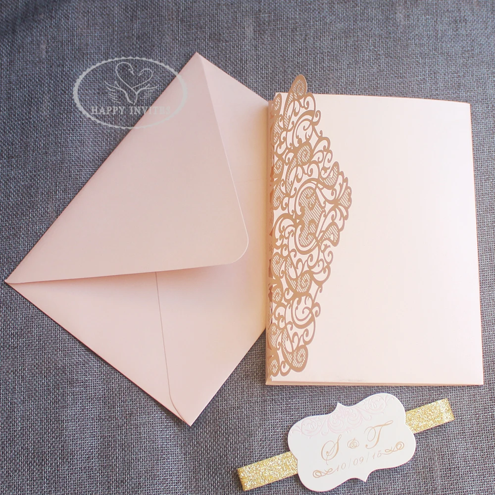 HI3047-12 Custom Pink Pocket Fold Wedding Invitation Card with Gold Foil Made in China